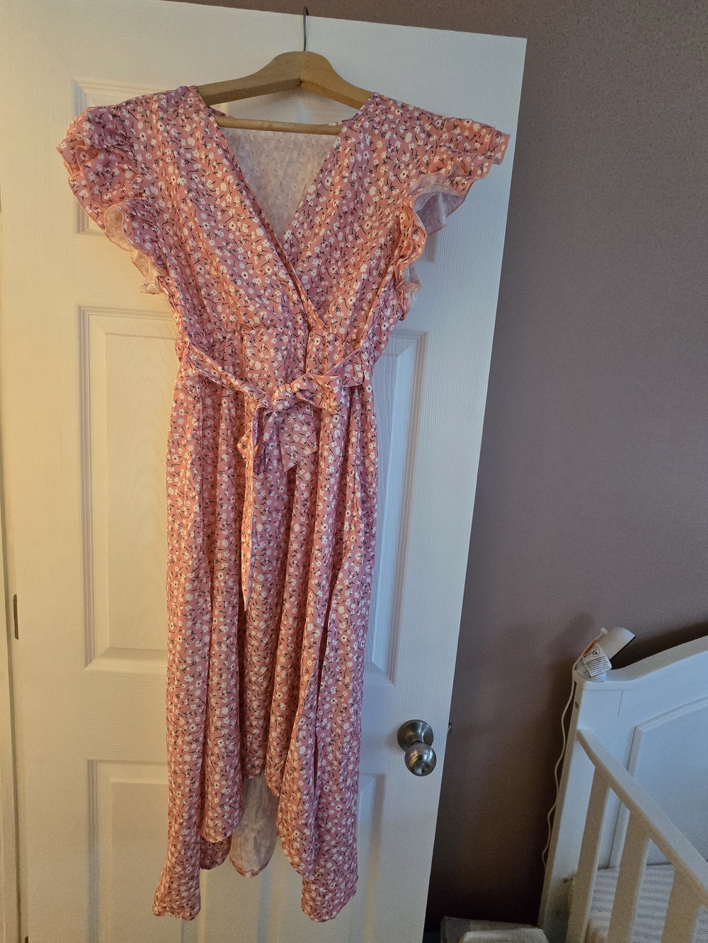 Maternity Pink Floral Dress with Ruffle Sleeves
